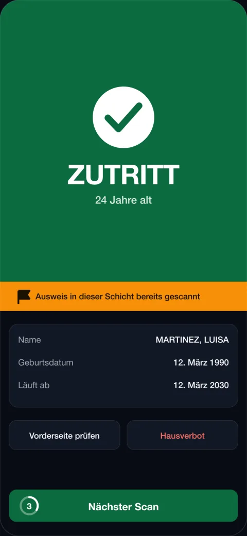 Ein iPhone zeigt ein bildschirmfüllendes grünes ZUTRITT-Ergebnis mit Alter und Dokumentdaten darunter