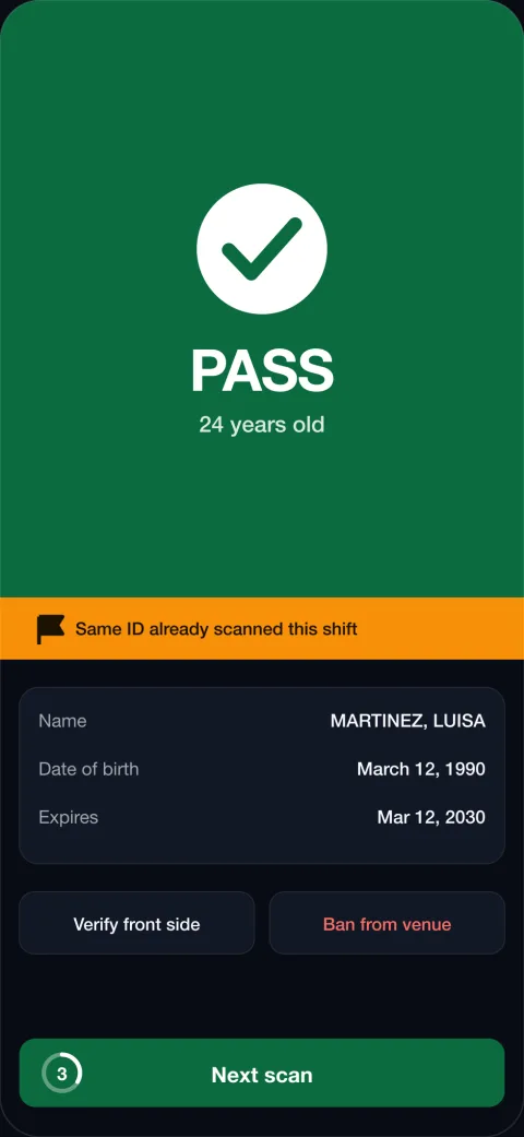 An iPhone showing a full-screen green PASS verdict with the guest's age and document details below