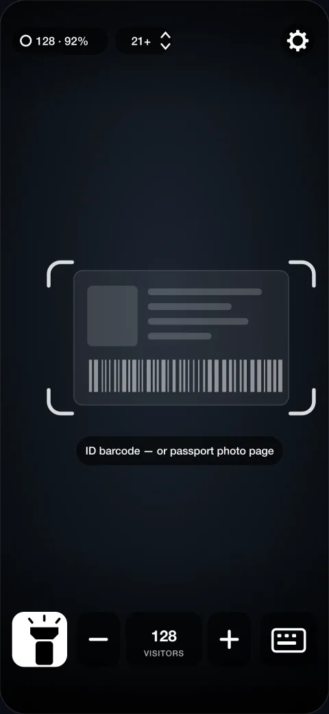 The scan screen with aiming frame and control row
